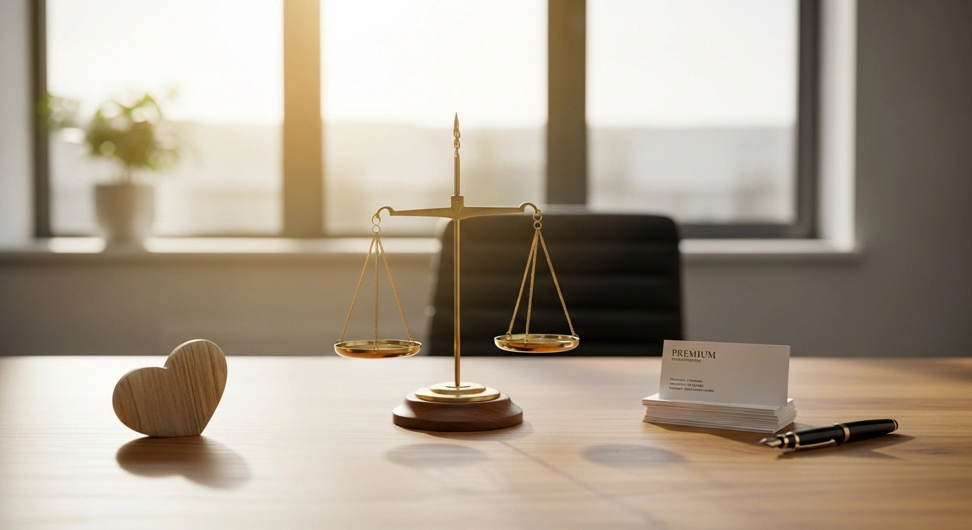 Balance symbolisant l'équilibre entre l'histoire personnelle (cœur) et la crédibilité professionnelle (cerveau) sur une page À Propos.