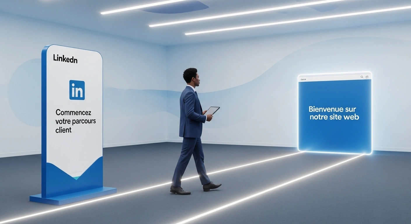 Schéma illustrant le parcours fluide d'un client de LinkedIn vers la prise de contact sur un site web.