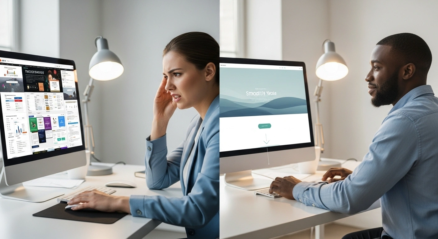 Comparaison entre un parcours client simple et direct et un parcours complexe et sinueux, symbolisant la friction.