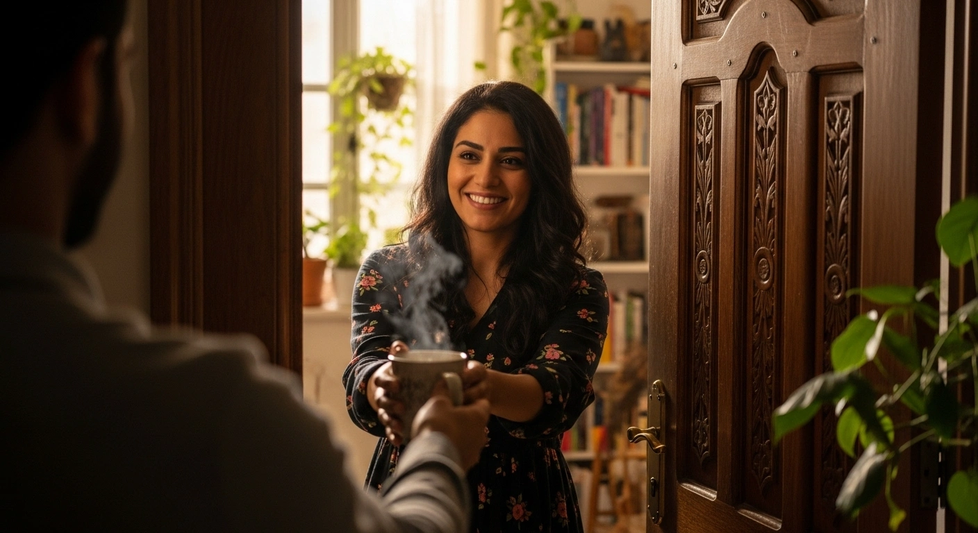 Personne ouvrant une porte pour accueillir chaleureusement un invité, symbolisant l'accueil d'un nouvel abonné.