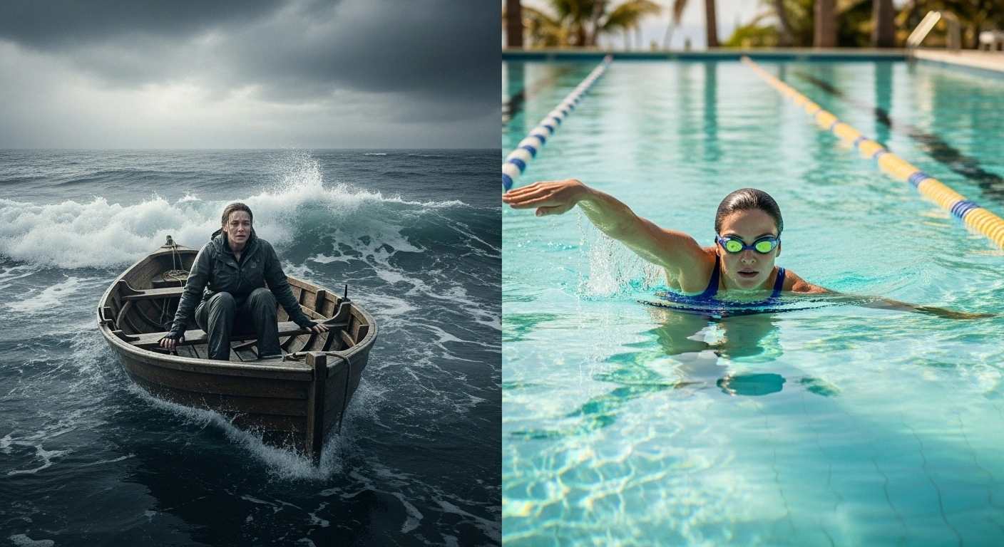 Comparaison visuelle entre un océan agité symbolisant le SEO traditionnel et une piscine calme pour le SEO local.