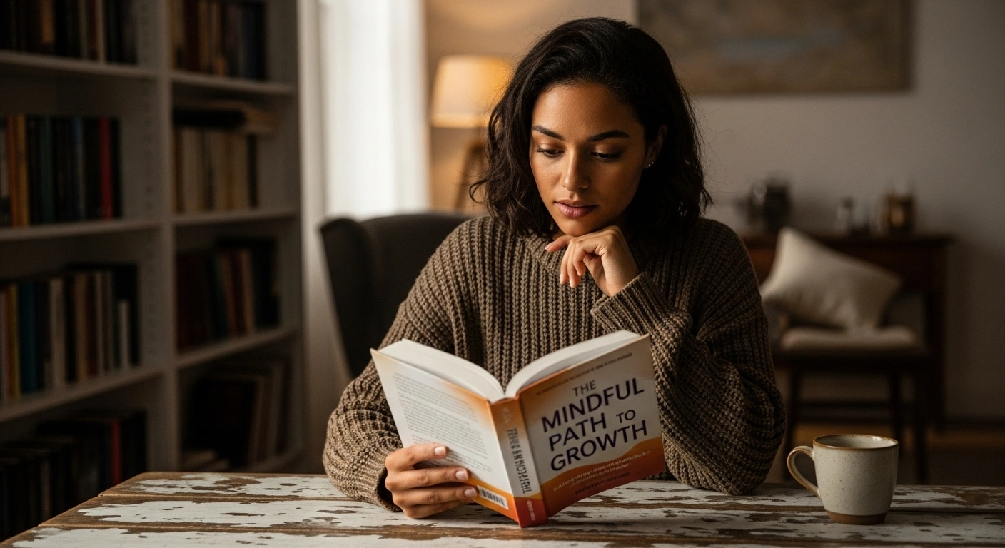 Personne lisant attentivement un livre, illustrant l'intention de recherche d'information d'un visiteur de blog (trafic froid).