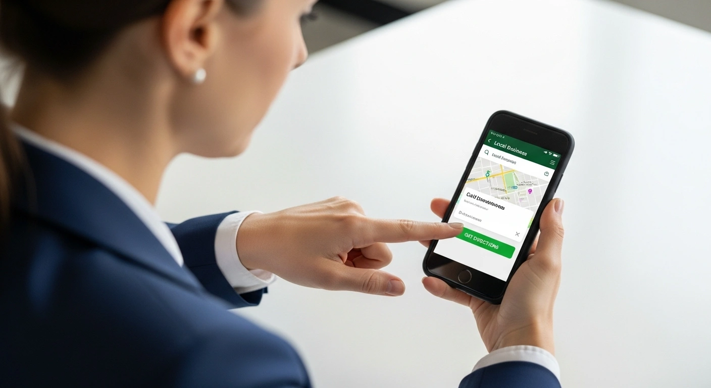 Personne utilisant son smartphone avec une carte visible, symbolisant l'intention d'achat d'un visiteur de Google Maps (trafic chaud).