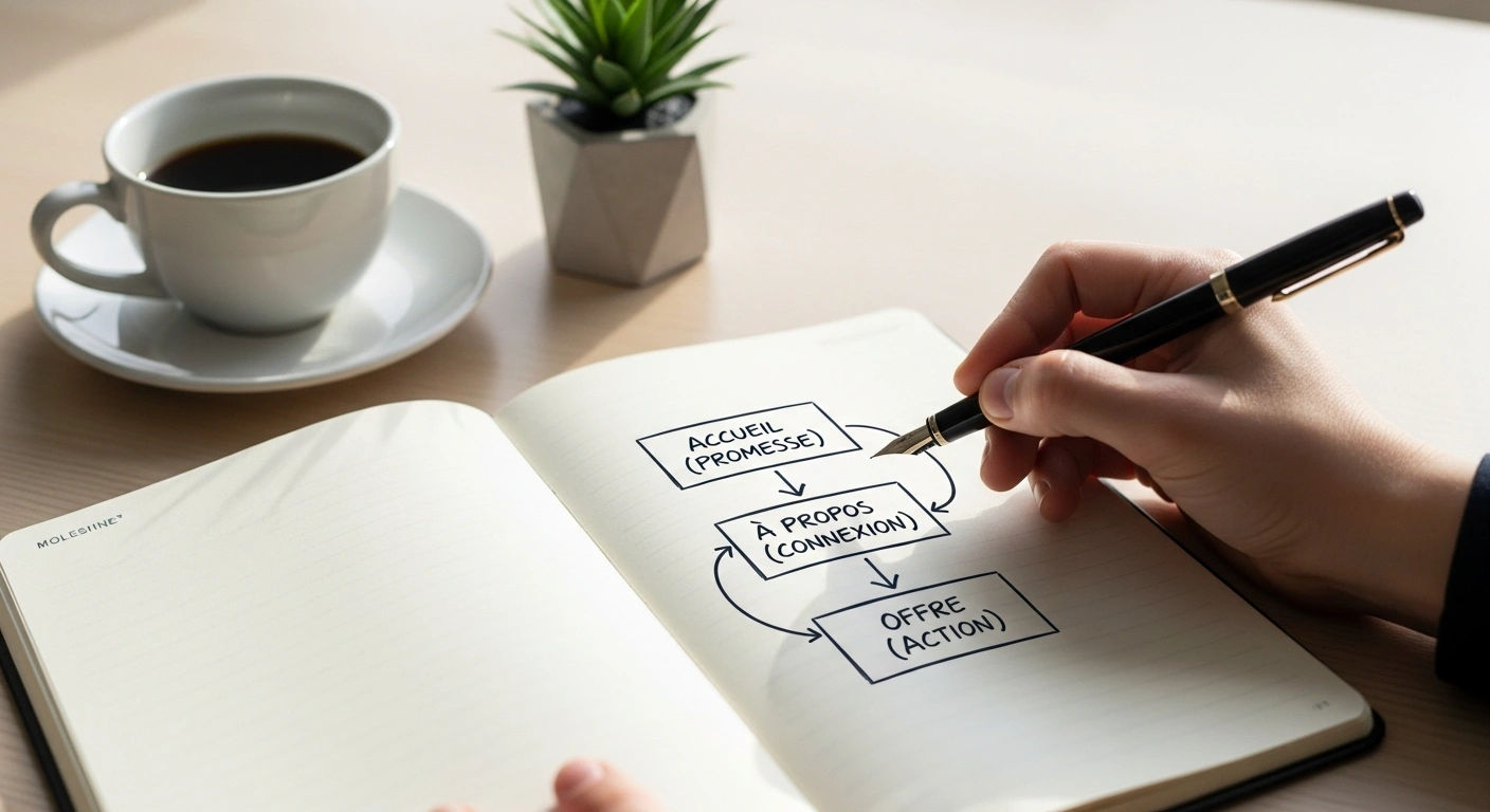 Personne dessinant un plan de site web simple avec trois boîtes, symbolisant le contenu minimum viable.