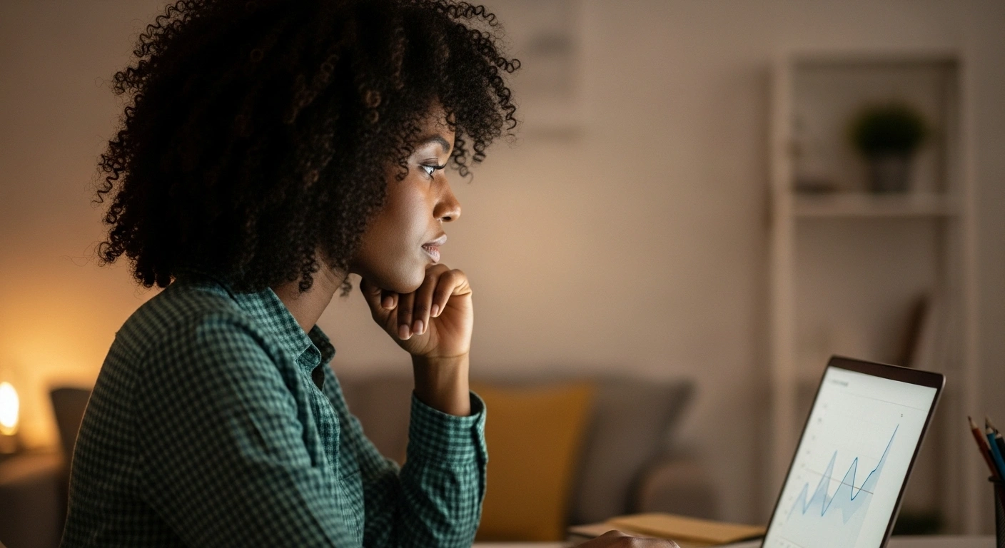 Personne examinant un graphique simple de site web avec une loupe, symbolisant une analyse douce et attentive.