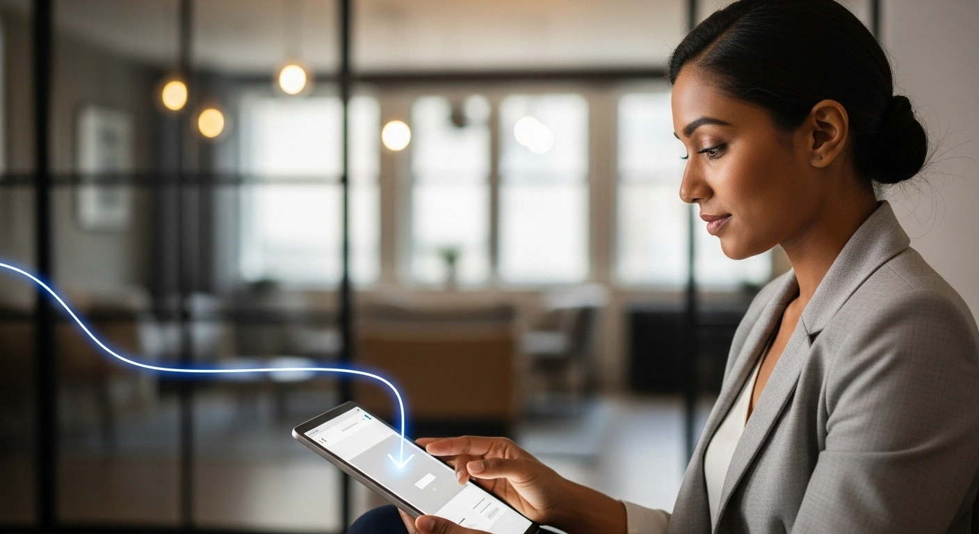 Illustration d'un visiteur guidé à travers un site web one-page, symbolisant une conversation fluide.