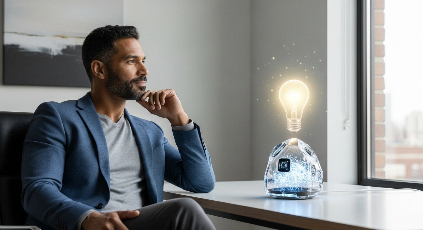 Personne réfléchissant à son bureau avec une IA qui lui propose une idée lumineuse