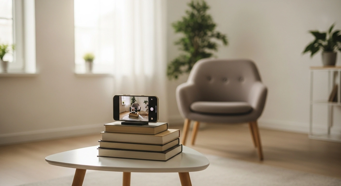 Smartphone sur une pile de livres face à une fenêtre, simulant une séance photo DIY