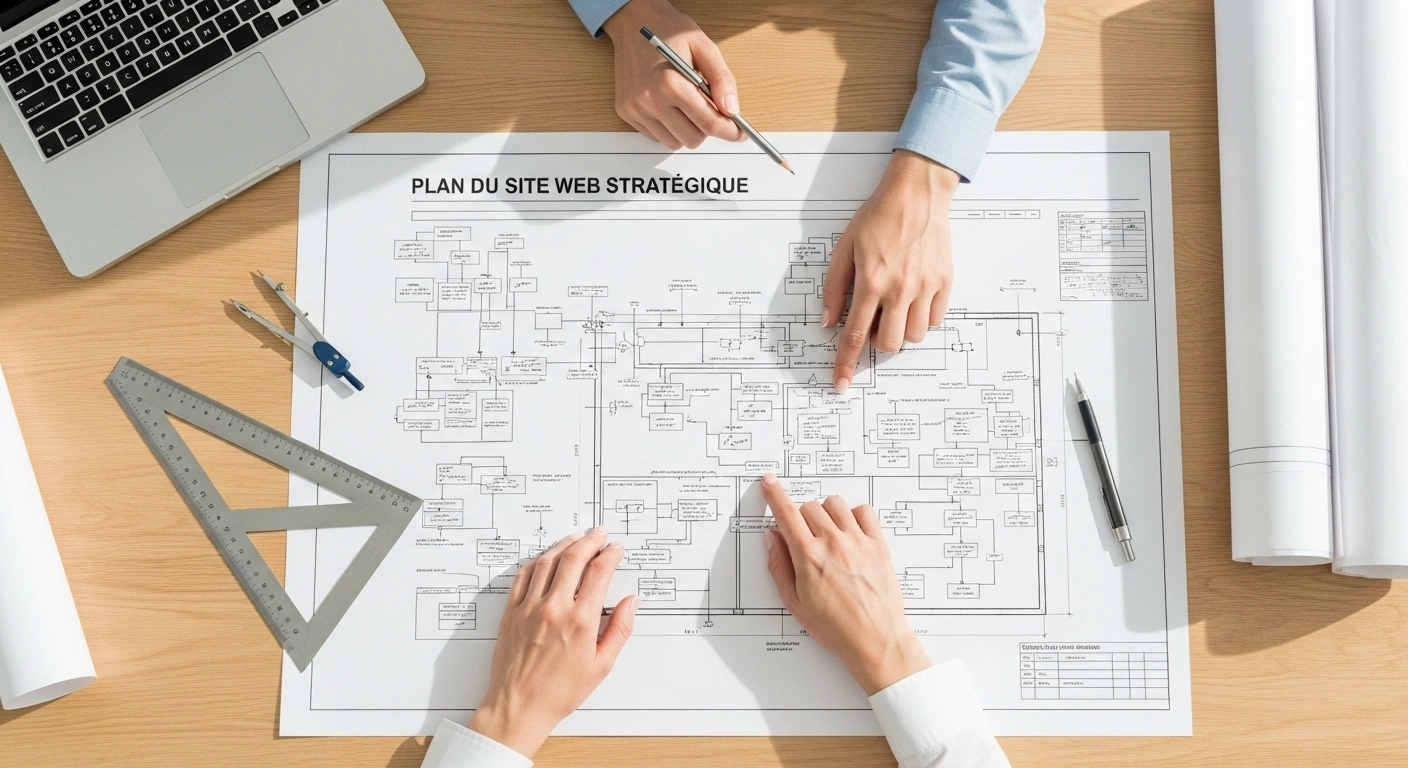 Un plan d'architecte clair sur une table, symbolisant l'importance de la stratégie avant la construction.