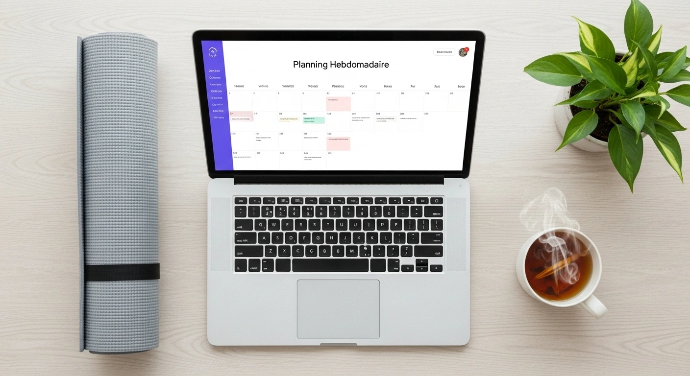 Calendrier de réservation en ligne sur un ordinateur à côté d'un tapis de yoga, symbolisant l'organisation.