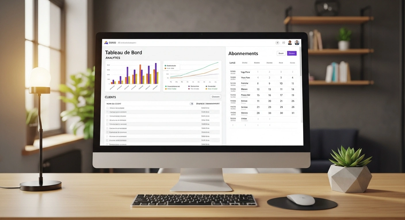 Tableau de bord d'une plateforme de réservation spécialisée pour studio de yoga.