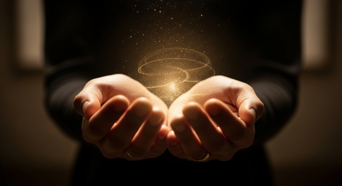Mains tenant une source de lumière douce et diffuse, symbolisant l'énergie intangible.