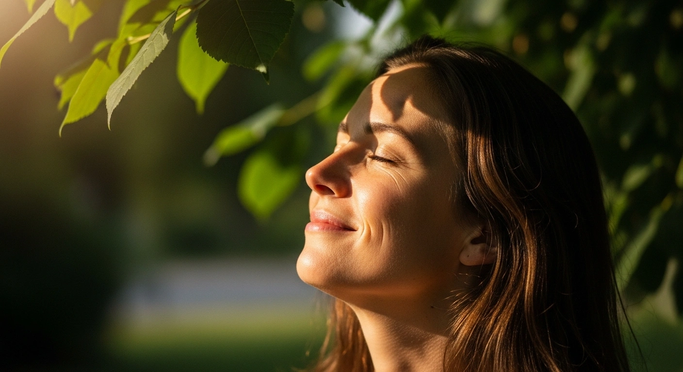 Personne apaisée, les yeux fermés face au soleil, symbolisant le bien-être après un soin.