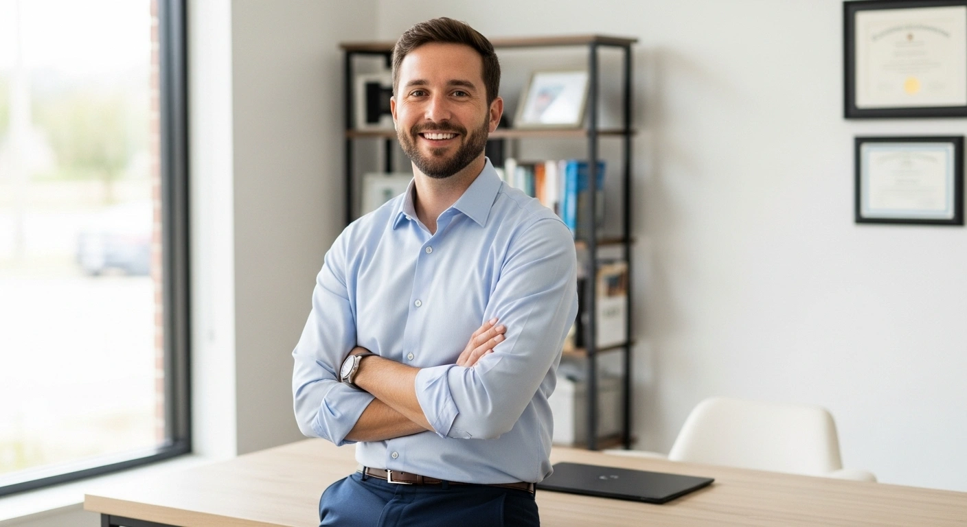 Une praticienne souriante et sereine, symbolisant le résultat d'un cadre de travail bien posé