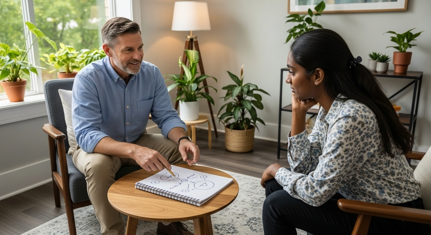 Un praticien bienveillant enseigne des outils à un client qui apprend avec intérêt.