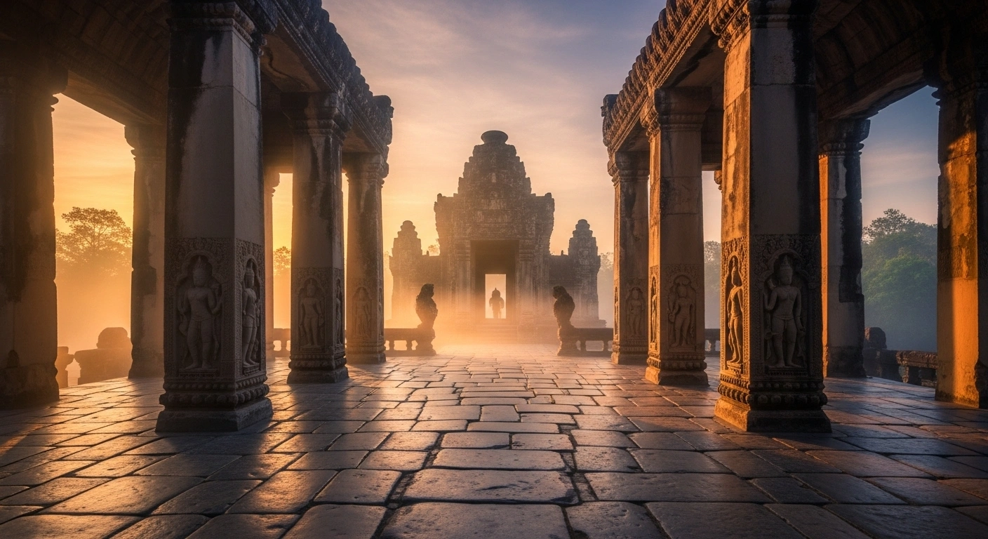 Temple virtuel symbolisé par un chemin lumineux et un mandala rayonnant sur un écran d'ordinateur
