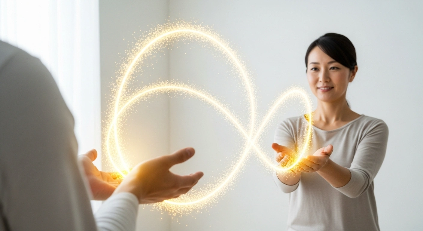 Mains symbolisant un échange sacré et équilibré entre un praticien et son client