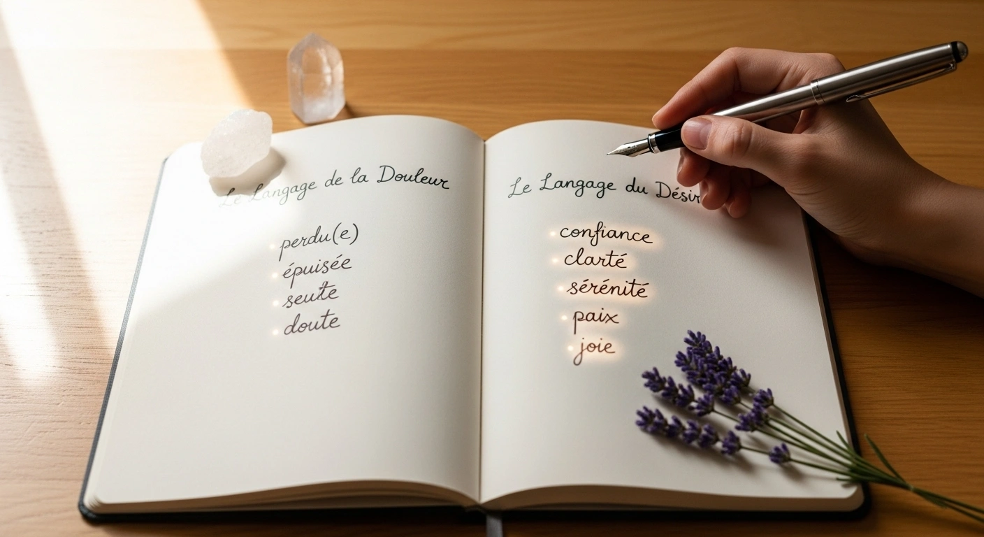Journal ouvert avec des mots-clés émotionnels comme clarté, paix, sens.