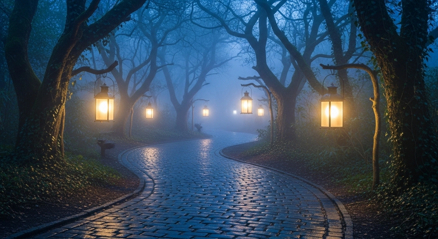 Chemin sinueux éclairé par des lanternes, symbolisant le voyage de l'âme