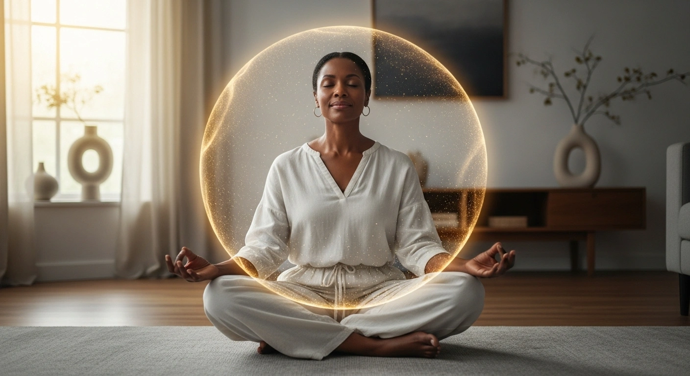 Personne méditant à l'intérieur d'une bulle de lumière protectrice, symbolisant la clarté et la protection énergétique