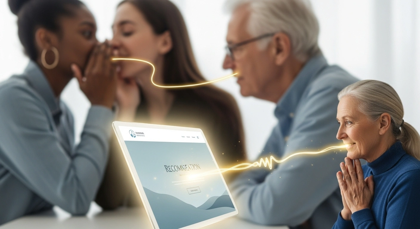 Illustration conceptuelle du bouche-à-oreille énergétique amplifié par un site web agissant comme un cristal.