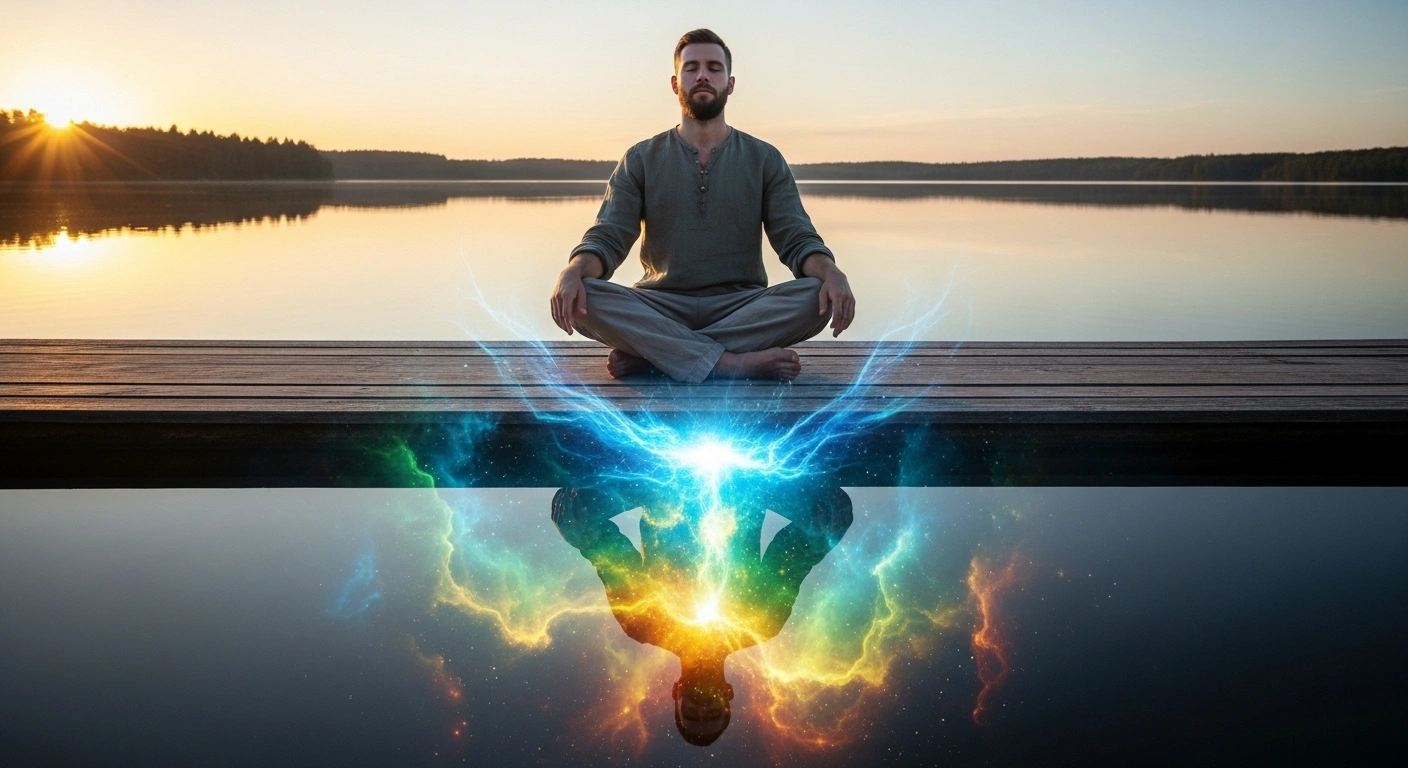 Une personne méditant face à un reflet aquatique qui montre une version d'elle-même colorée et authentique.