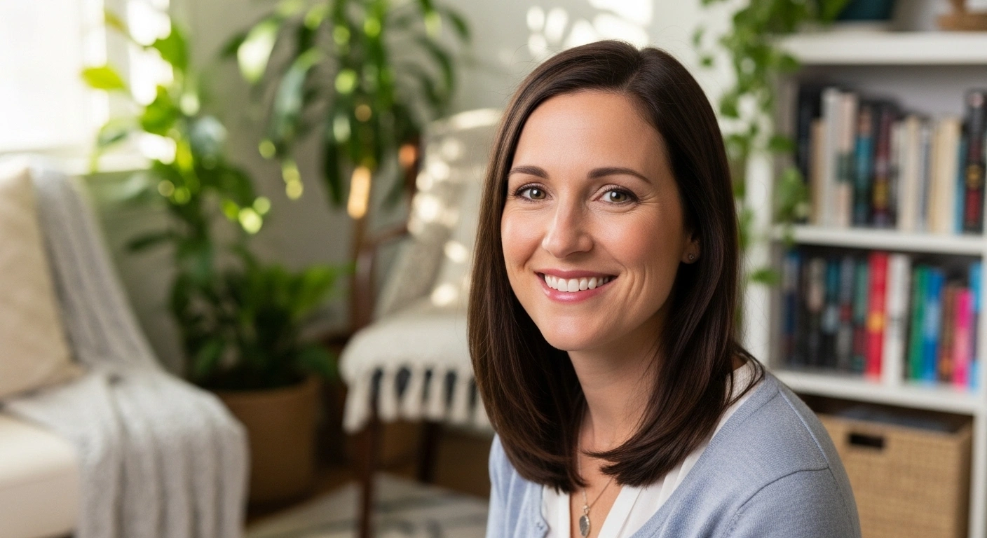 Portrait authentique d'une praticienne spirituelle dans son espace de travail serein