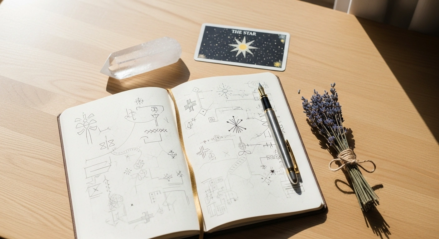 Carnet de notes ouvert à côté de cristaux et d'une bougie, symbolisant la préparation et la structure d'un atelier.