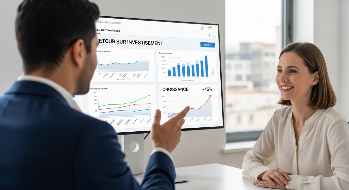 Présentation de slides avec des graphiques montrant une croissance et un retour sur investissement positif.
