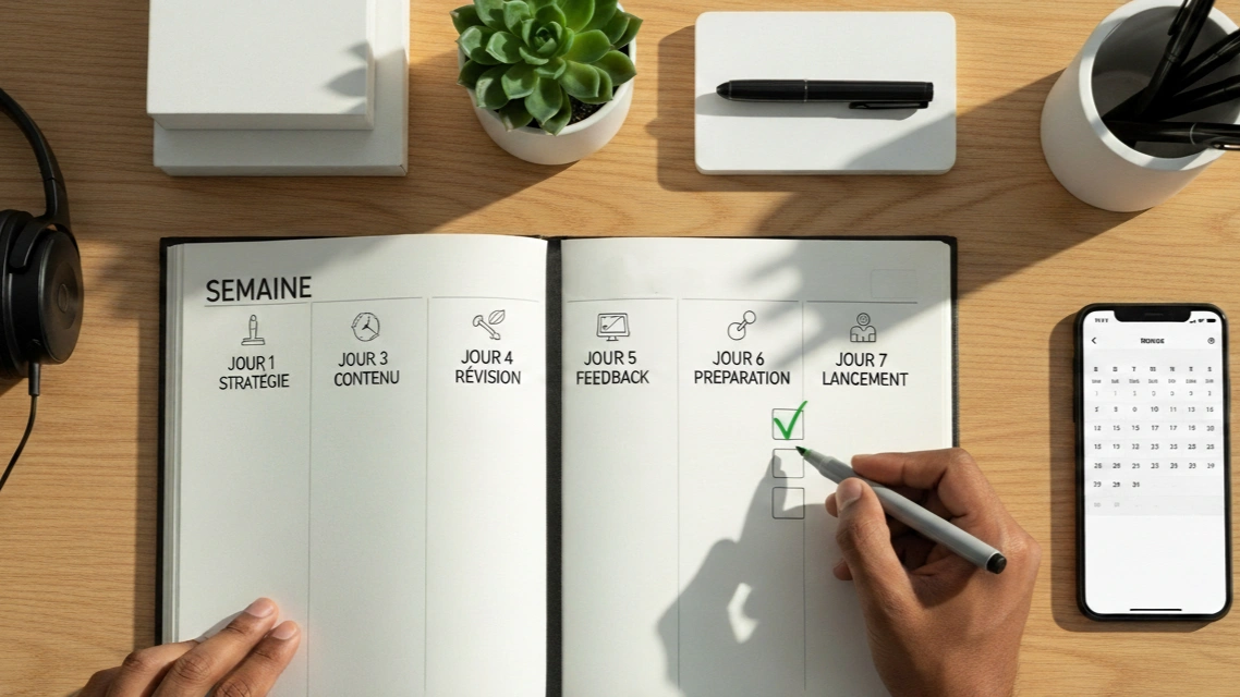 Calendrier d'une semaine montrant les étapes d'un projet de site web