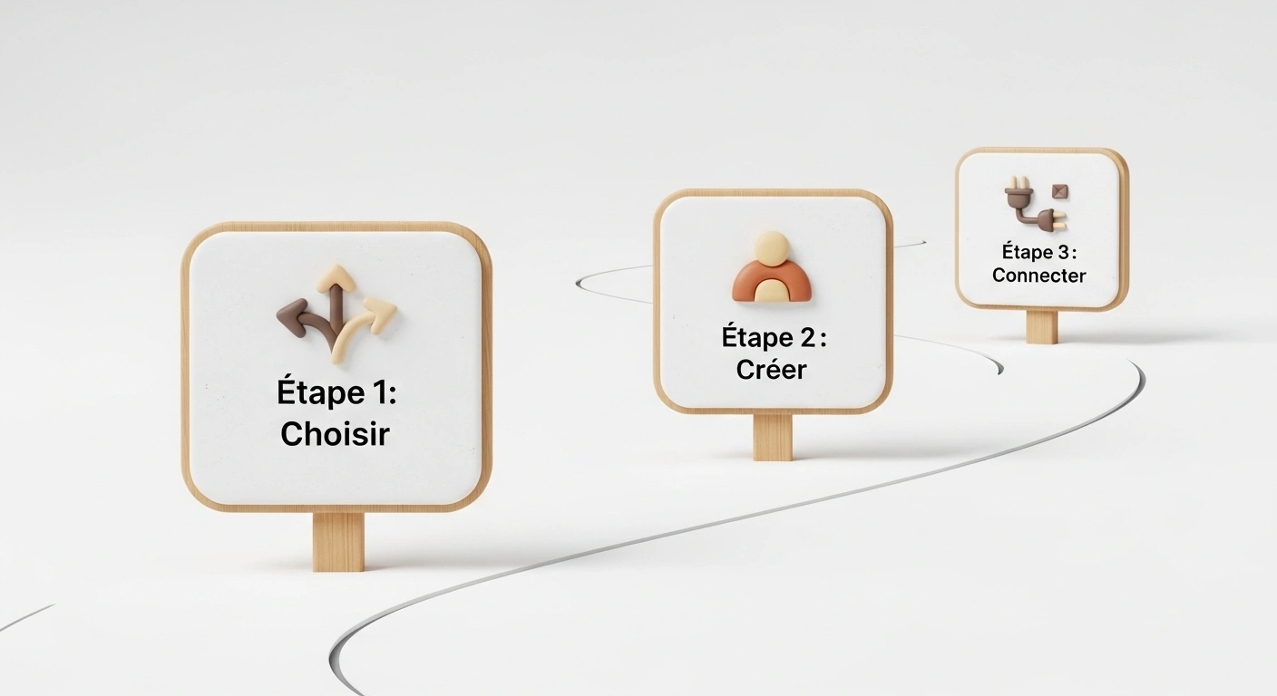 Infographie simple montrant les trois étapes : choisir, créer, connecter