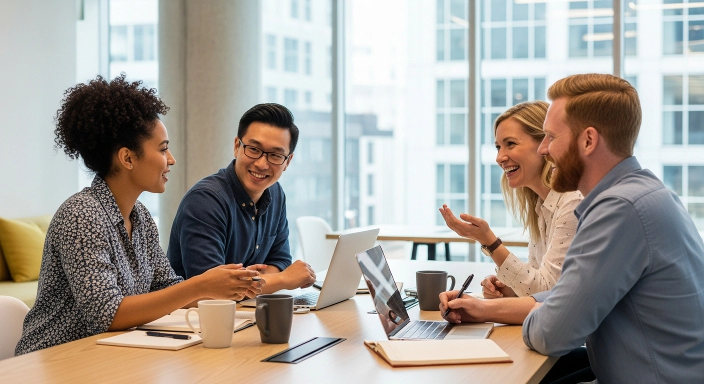 Groupe de professionnels bienveillants discutant, symbolisant la crédibilité apportée par les pairs et les formateurs.