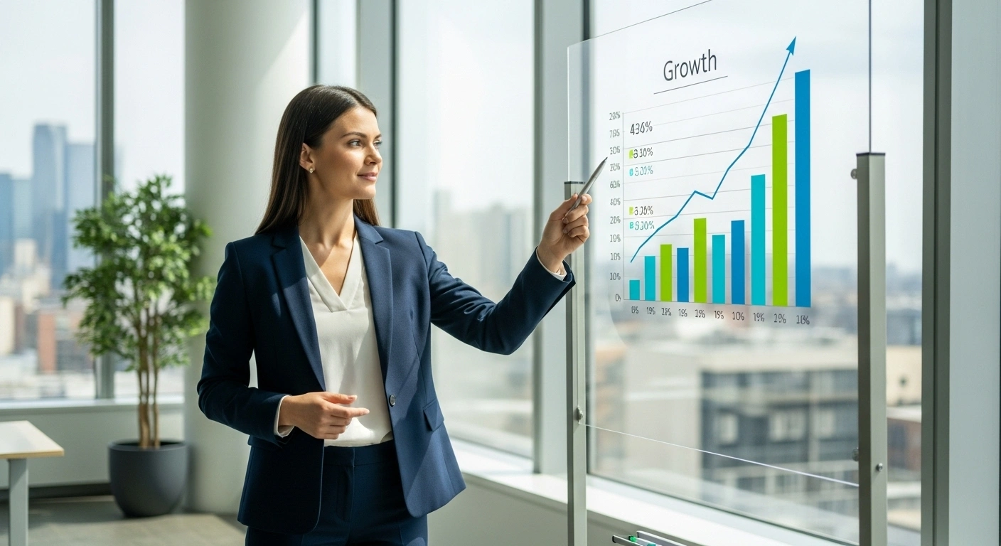 Personne présentant un graphique de croissance, symbolisant la crédibilité et l'expertise.