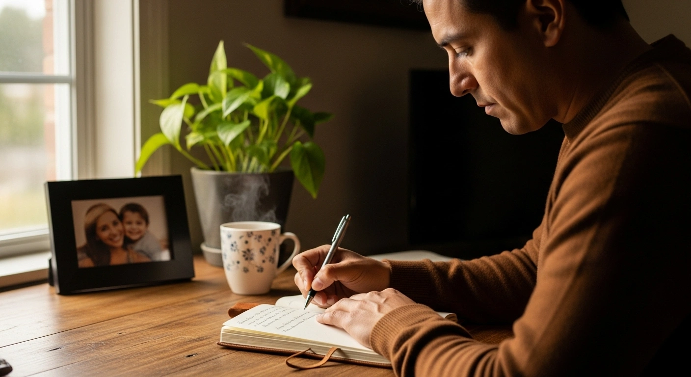 Personne écrivant son histoire dans un carnet, symbolisant la puissance du récit personnel.
