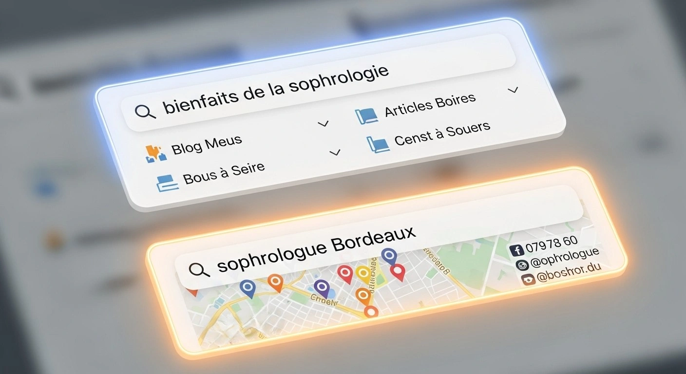 Visuel comparatif montrant une personne lisant un livre (recherche informationnelle) et une autre serrant la main d'un professionnel (recherche transactionnelle)