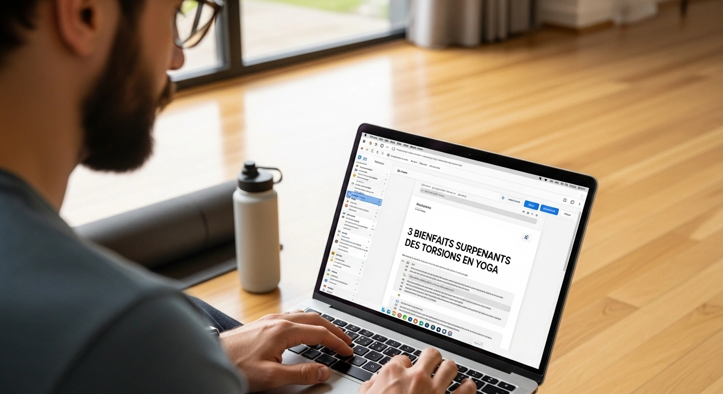 Professeur de yoga écrivant un article de blog sur son ordinateur, inspiré par sa pratique.