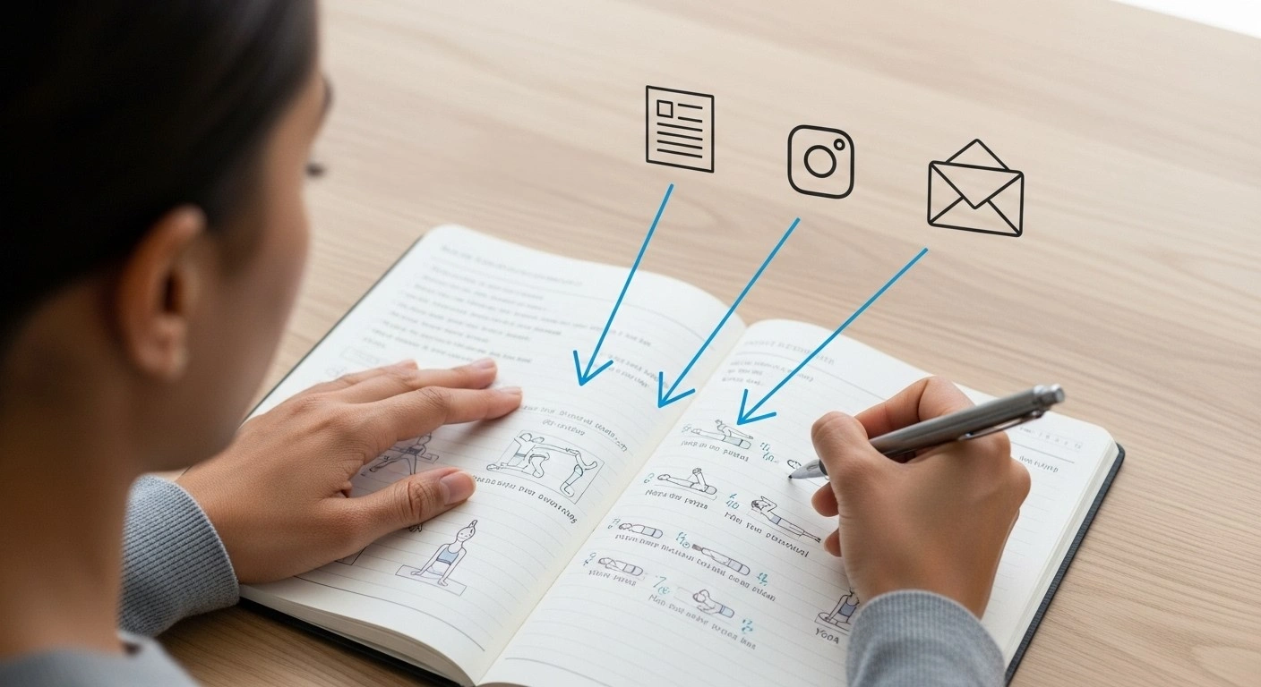 Personne planifiant une séquence de yoga avec des icônes symbolisant le recyclage de contenu vers un blog, Instagram et une newsletter.