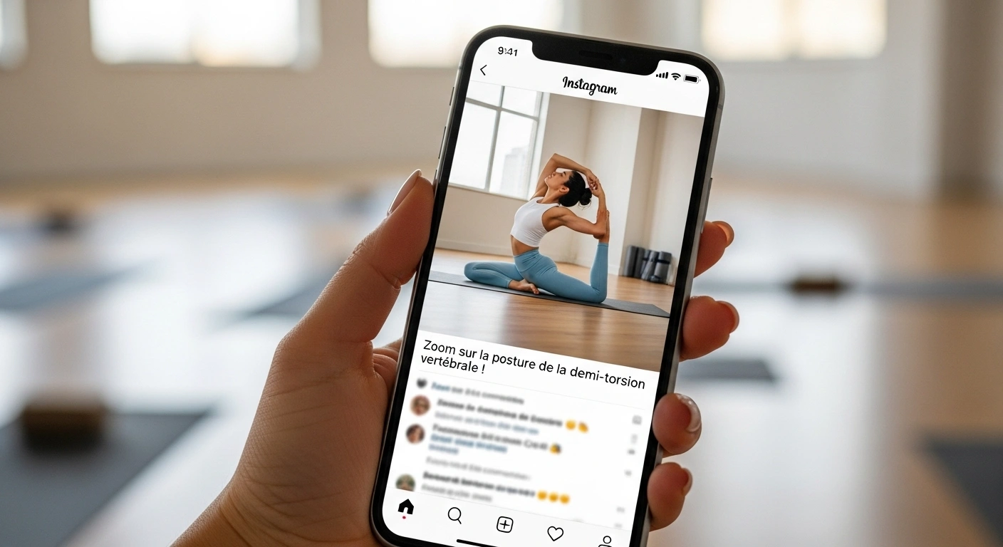 Smartphone affichant un post Instagram sur une posture de yoga, illustrant le recyclage de contenu.