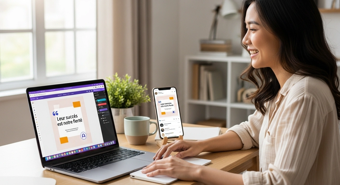 Mockup d'un téléphone affichant un post de témoignage client sur les réseaux sociaux.