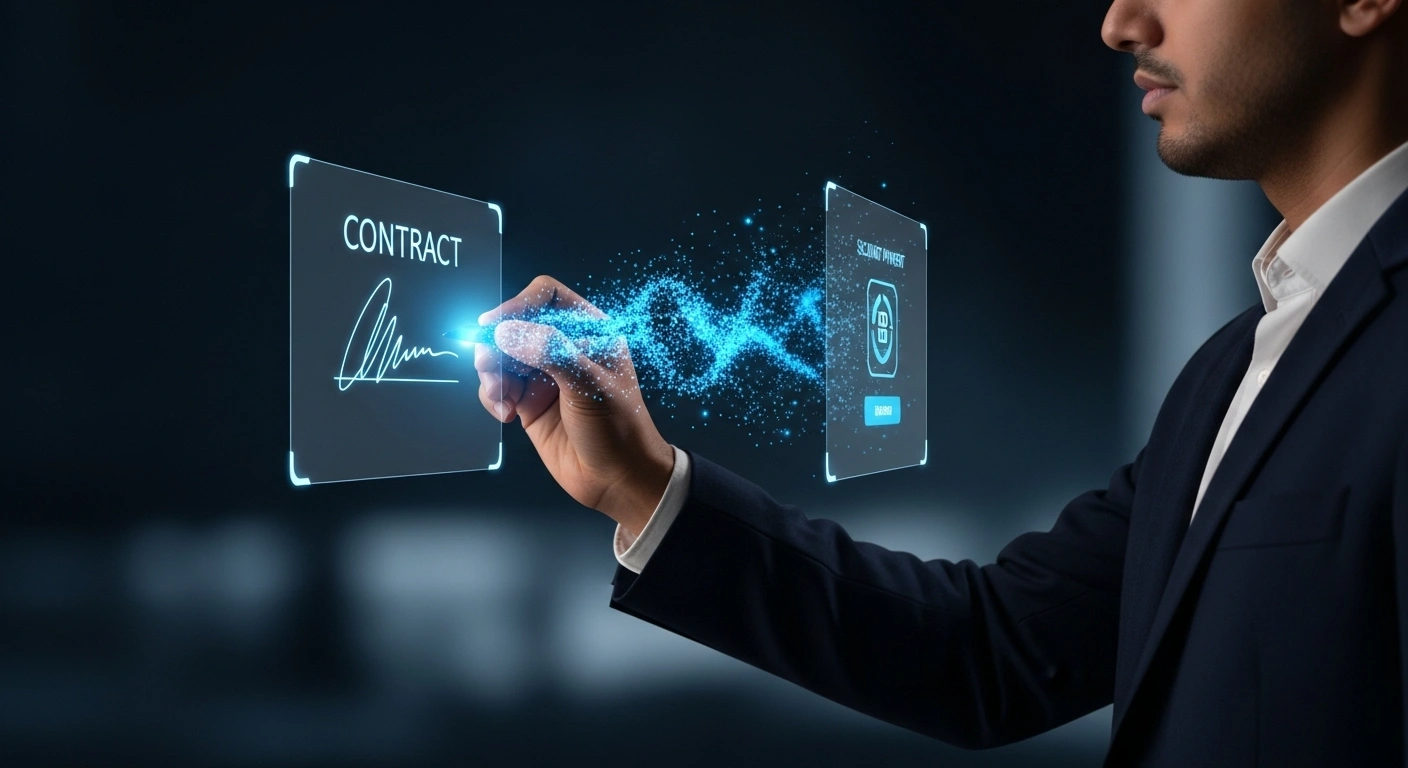 Écran partagé montrant une signature de contrat électronique qui redirige automatiquement vers une page de paiement en ligne