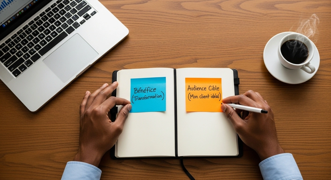 Schéma montrant la recette de l'accroche clarté : Bénéfice + Cible.