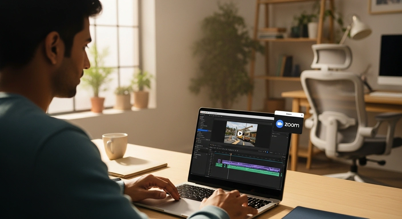 Timeline de montage vidéo simple sur un écran, avec le logo Zoom à côté
