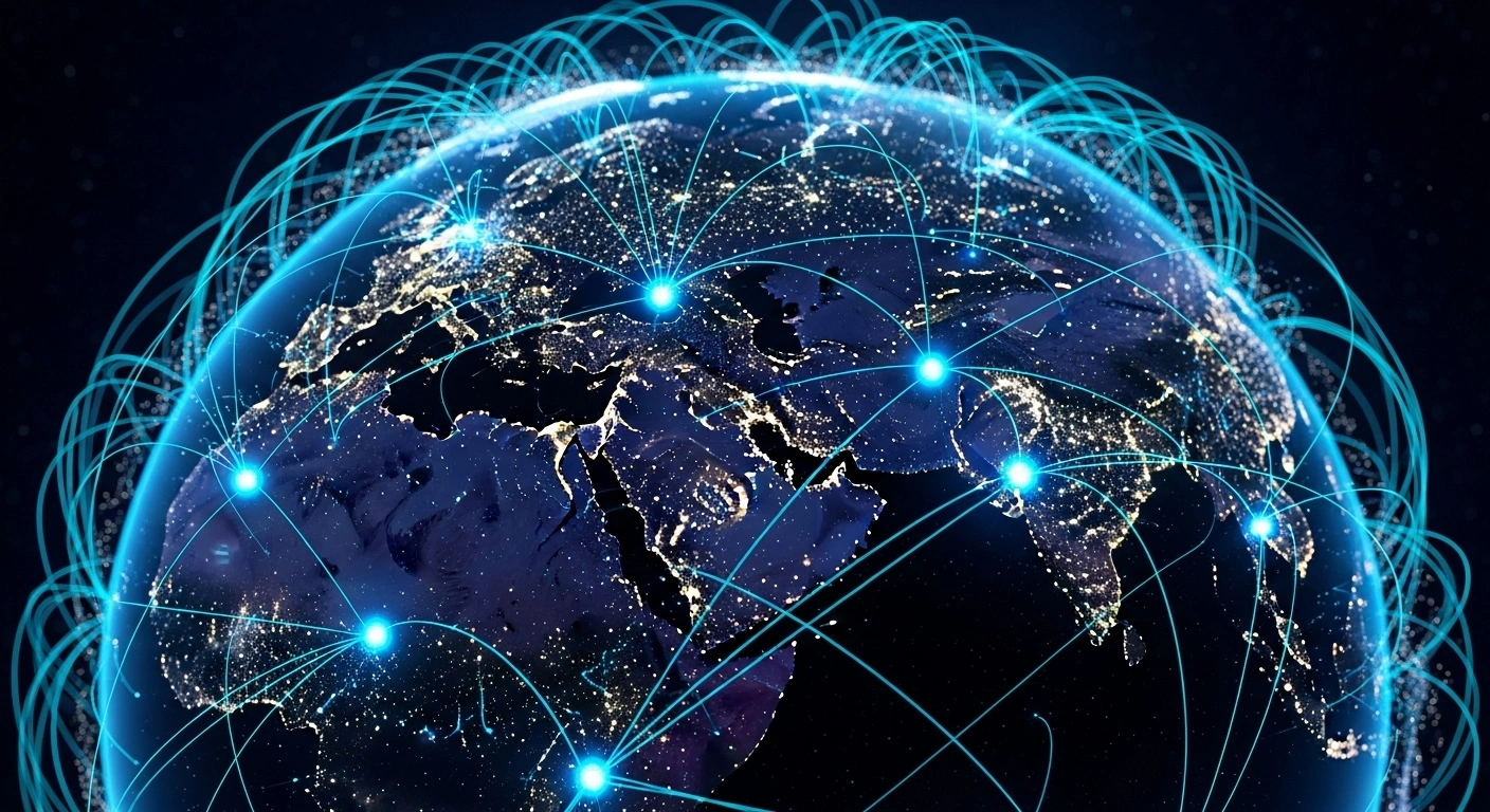 Globe terrestre avec des lignes de connexion symbolisant un réseau mondial de serveurs pour un hébergement rapide.