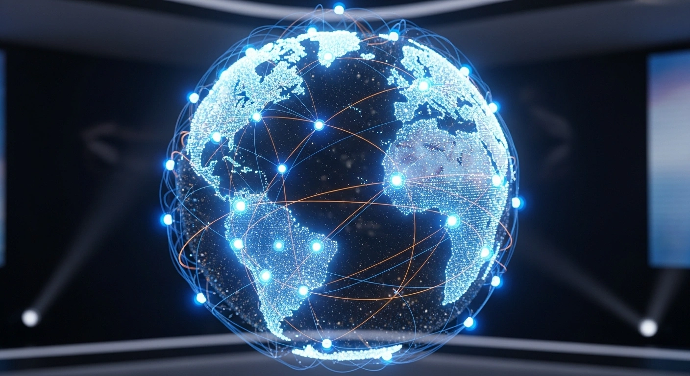 Carte du monde avec des points connectés, illustrant un réseau de serveurs mondial.