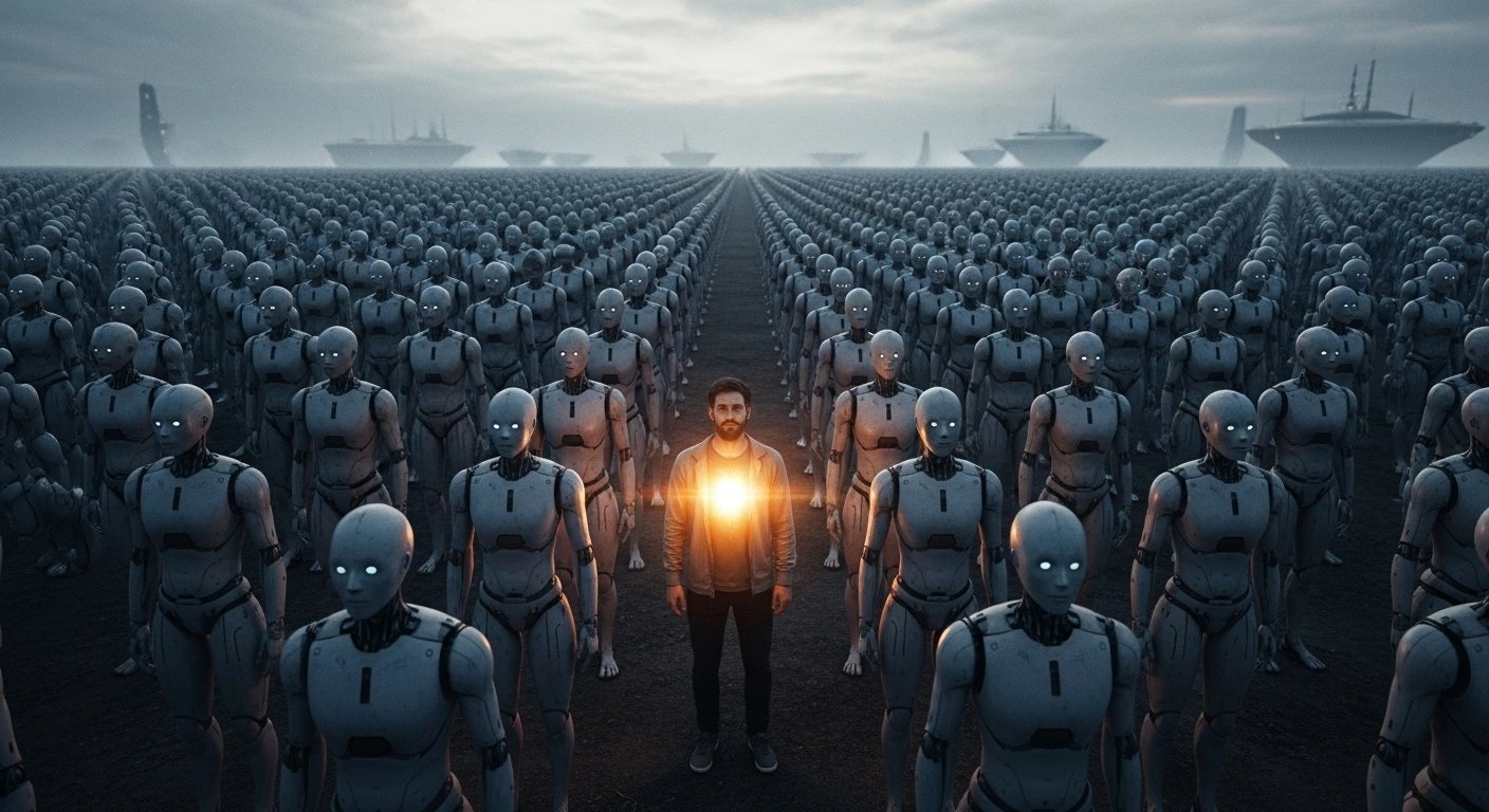 Paysage de robots identiques avec un humain émettant une lumière unique depuis son cœur