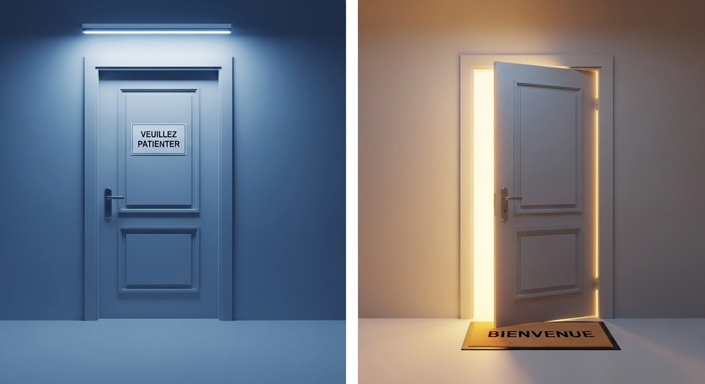 Concept avant/après : une porte fermée devient une porte accueillante.
