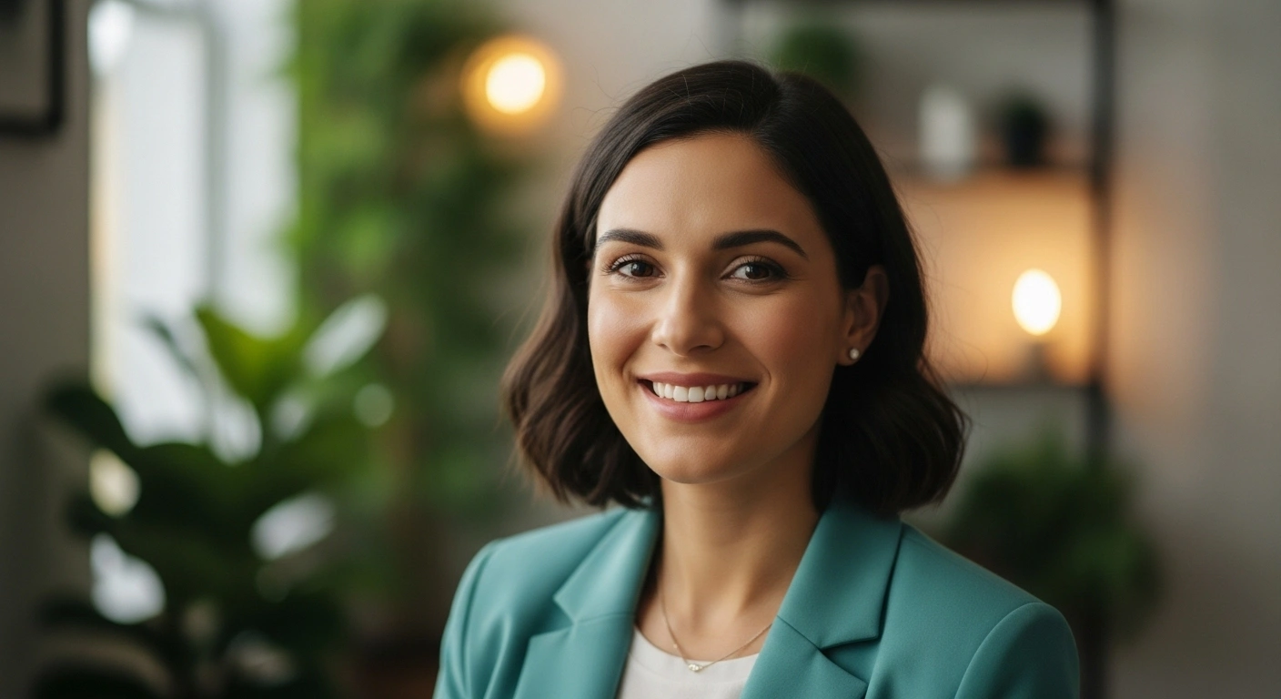 Thérapeute souriante et à l'écoute, créant une connexion humaine.