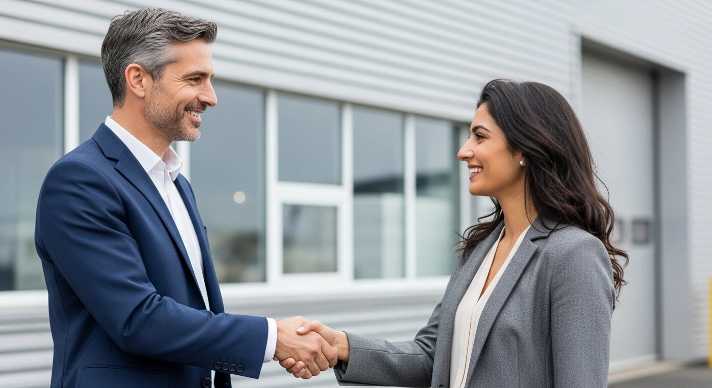 Consultant B2B serrant la main d'un dirigeant devant un bâtiment industriel local, symbolisant la confiance par la proximité.