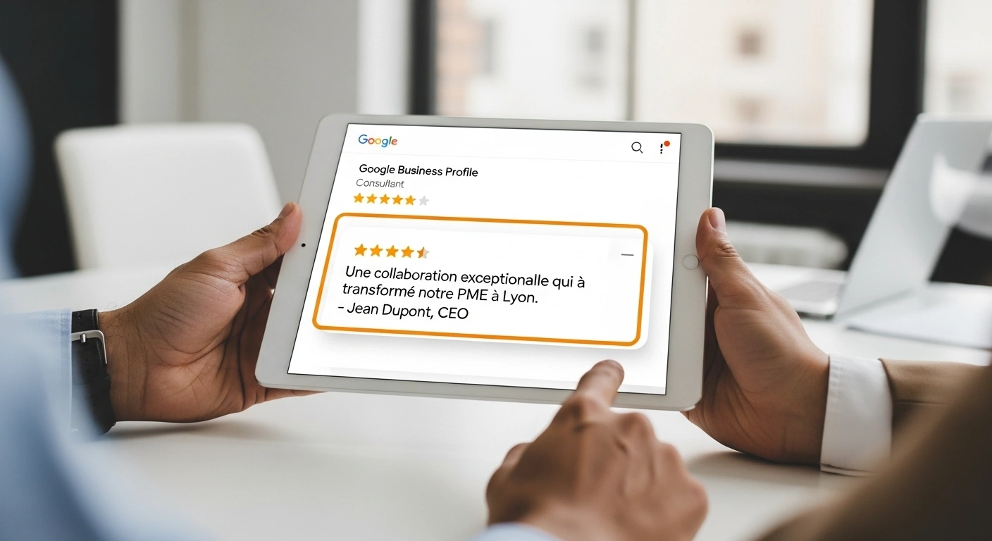 Capture d'écran stylisée d'une fiche Google Business d'un consultant avec des avis 5 étoiles de clients locaux.