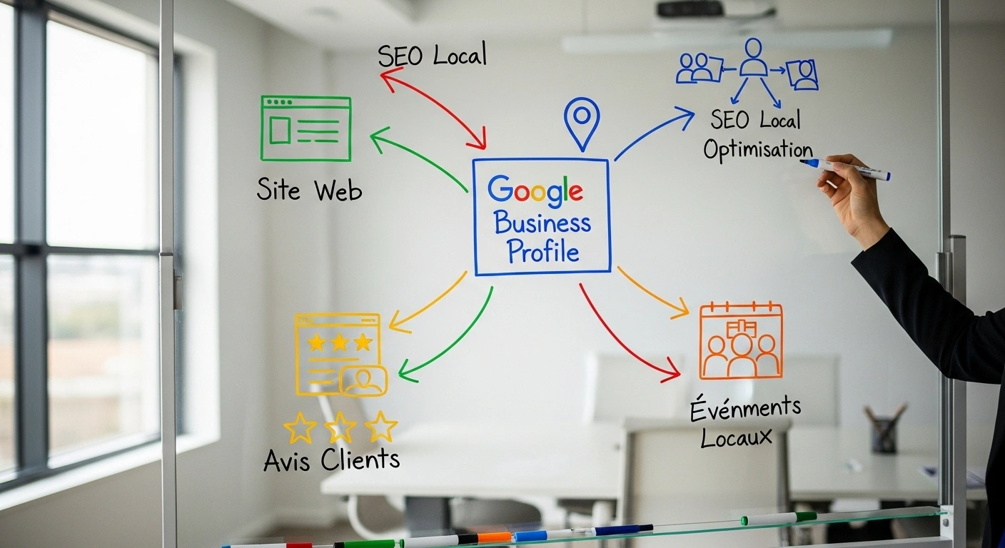 Tableau blanc avec une stratégie de SEO local dessinée, montrant la fiche Google, le site web et les avis clients.